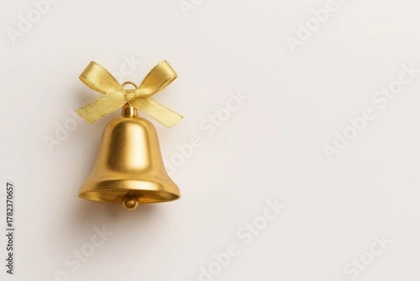 Fototapeta Golden Christmas bell with satin bow on cream background symbol of celebration joy and holiday tradition ideal for classic festive visuals