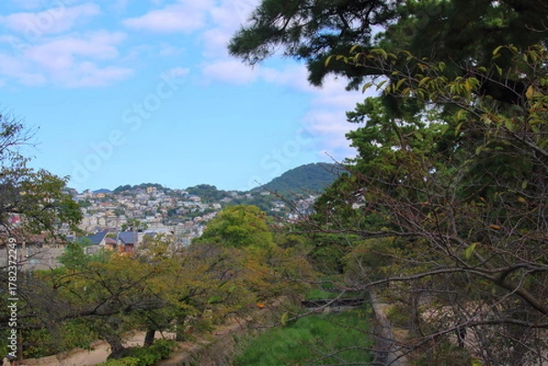 Obraz 秋の甲山と夙川と住宅地の風景(兵庫県西宮市)