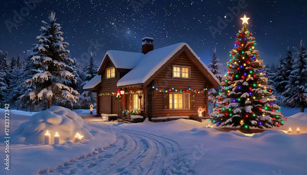 Fototapeta A fabulous winter landscape with a house illuminated by festive garlands. A perfect plot that conveys the atmosphere of Christmas night and magic.
