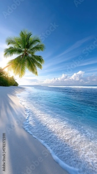 Obraz Tropical paradise beach with a single palm tree casting long shadows across the white sand during a golden sunset with sparkling blue ocean waves and a clear sky with wispy clouds