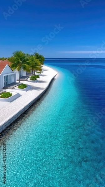 Fototapeta Tropical Resort With White Villas Lined Up Along A Pristine White Sand Beach With Lush Green Trees Under A Clear Blue Sky And Turquoise Ocean Water