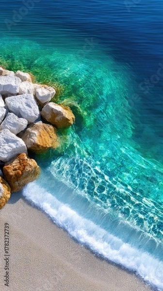 Fototapeta Turquoise Ocean Waters Gently Lapping a Rocky Shoreline with White and Brown Stones on a Sunny Day