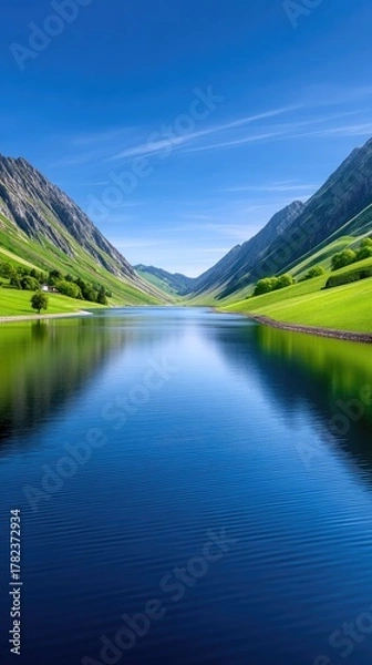 Obraz Vast Blue Lake Reflects Clear Sky Between Lush Green Mountain Valleys Under Bright Sunlight