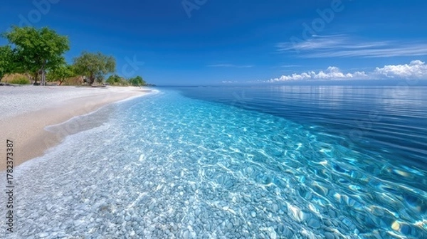 Obraz Panoramic Coastal Scene With White Pebble Beach and Crystal Clear Turquoise Ocean Water Under A Bright Blue Sky With Scattered Clouds