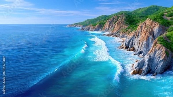 Fototapeta Rugged Coastal Cliffs Meet the Ocean With Turquoise Water and White Waves Under a Clear Blue Sky With Green Hills