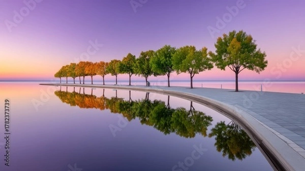 Obraz Serene Lakeside Scene with Trees Reflected in Calm Water During Purple and Orange Sunset Sky