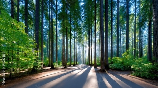 Obraz Sunlight streams through a dense forest of tall green trees creating long shadows on a dirt path in a natural landscape