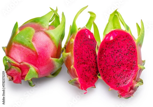 Fototapeta Red pitahaya or red dragon fruit whole and cut in half on white background. File contains clipping path.