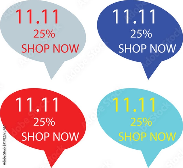 Fototapeta Four-toned dialogue bubbles featuring "11.11", "25%" and "SHOP NOW" text.