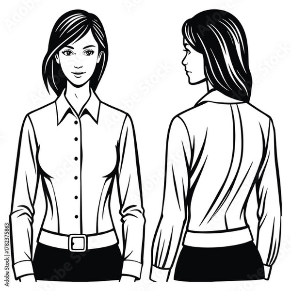 Fototapeta Illustration of professional woman in formal attire front and back view