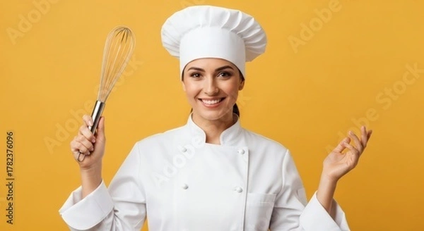 Fototapeta Smiling female chef holding a whisk on a yellow background