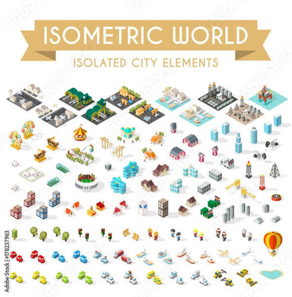 Fototapeta Set of Isometric High Quality City Elements on White Background