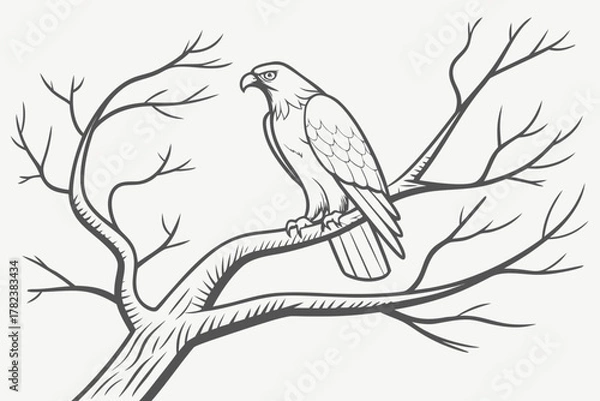 Fototapeta Bird of Prey on Bare Tree with Layered Misty Mountains Vector - Duotone Graphic