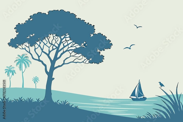Fototapeta Singing Bird on Tree Branch Vector - Duotone Brown Graphic