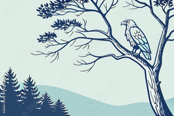 Fototapeta Bald Eagle Perched on Tree Branch Vector - Monochrome Illustration
