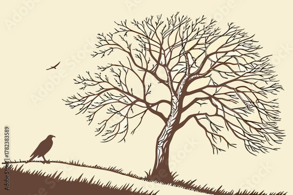 Fototapeta Lush Tree Silhouette on Hill with Misty Landscape Vector - Blue Duotone Graphic