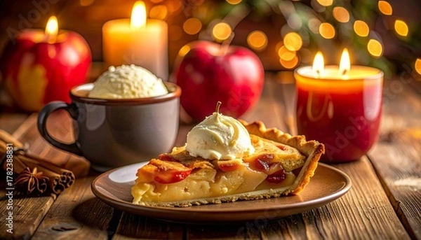 Fototapeta Enjoy a slice of homemade apple pie with vanilla ice cream and cozy candles for a perfect autumn celebration and warm holiday memories