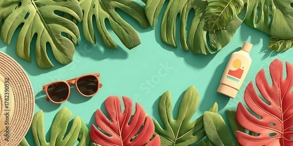 Obraz A top-down view of summer flat lay scene with tropical leaves