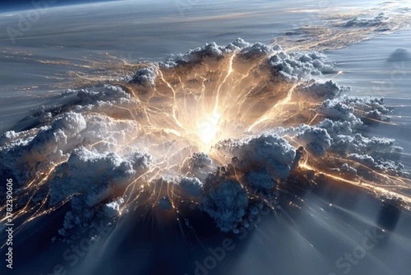 Obraz A top-down shot of a network of glowing digital lines convergence