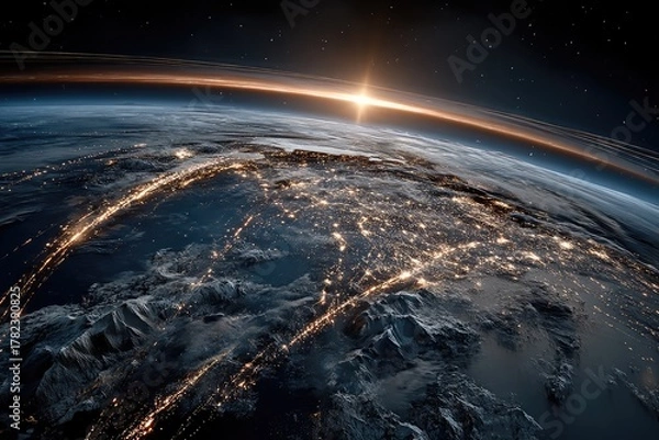 Obraz A wide shot of Earth viewed from space showing a network of global