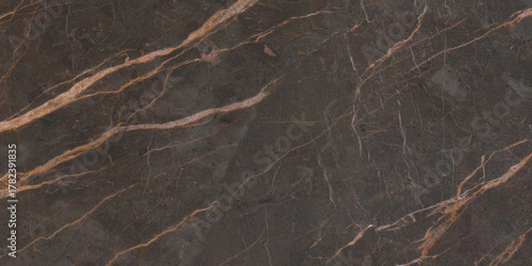 Fototapeta Brown polished marble with yellow veins. A deep stone color for your design