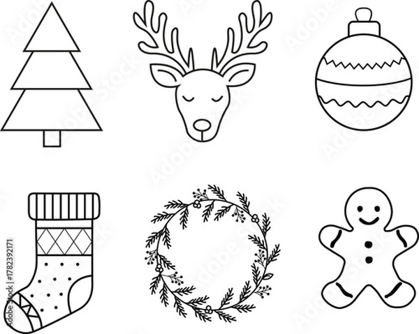 Obraz Minimalist Christmas and New Year line icons set tree, reindeer, wreath, stocking, bauble, and gingerbread man outline illustration