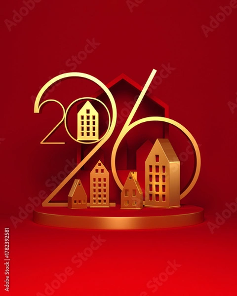 Fototapeta 2026 New Year illustration with abstract golden houses. 3D render.
