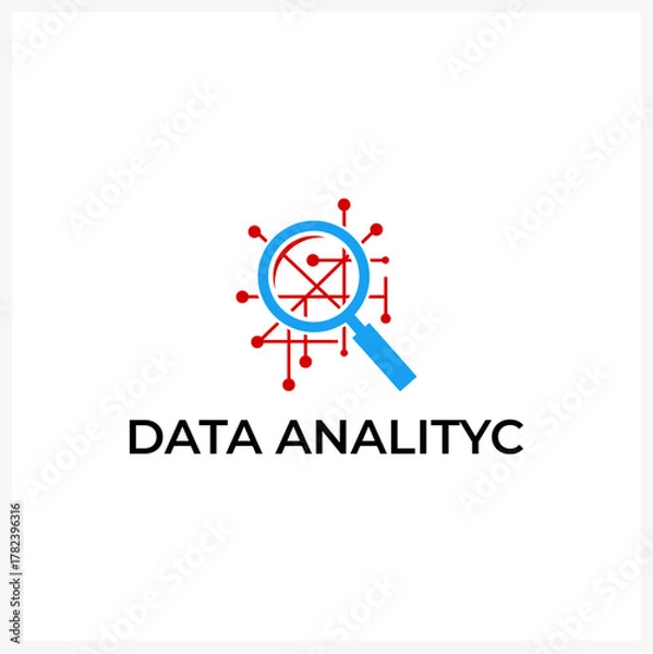 Fototapeta Data Analysis Logo with Magnifying Glass and Network Design