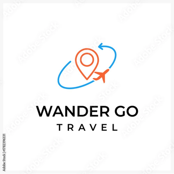 Fototapeta Wander Go Travel Logo Design Featuring Pinpoint, Airplane, and Circular Journey Element