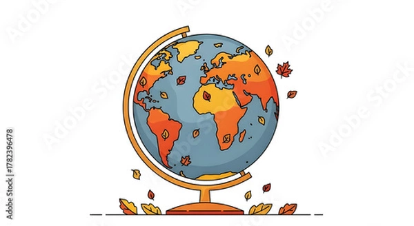 Fototapeta Autumn Globe Illustration. World Map Decor with Falling Fall Leaves Vector Icon.