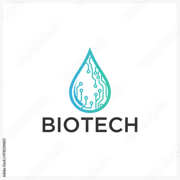 Obraz Biotechnology innovation logo featuring a sleek liquid drop design with an integrated circuit board pattern, symbolizing advanced scientific research and digital life solutions