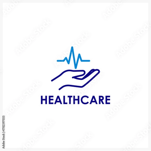 Obraz Abstract healthcare symbol with a cardiogram lifeline held in a protective hand, a minimalist vector design for medical services and wellness branding