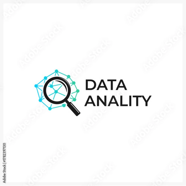 Obraz Data Anality Logo with Magnifying Glass and Network Connection Concept