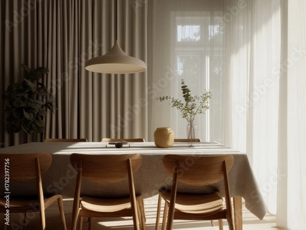 Fototapeta A table with a vase of flowers on it. There are four chairs around the table. The tablecloth is white