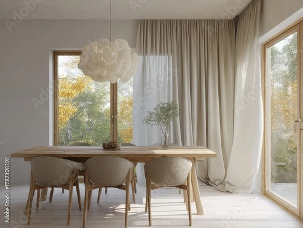 Fototapeta A table with four chairs and a vase of flowers. The table is in a room with white curtains and a window