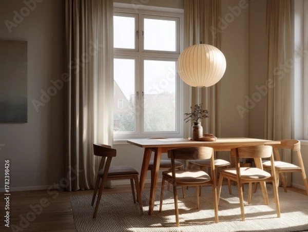 Fototapeta A table with a lamp on it and a vase of flowers. There are six chairs around the table