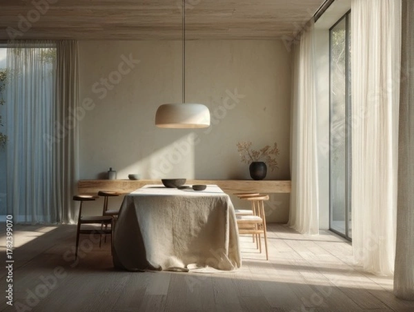 Fototapeta A table with a white tablecloth and a vase of flowers on it. There are four chairs around the table