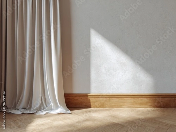 Fototapeta A white curtain is hanging in front of a white wall. The curtain is made of a light, sheer material and is draped over a wooden baseboard. The room is empty, with no furniture or decorations visible