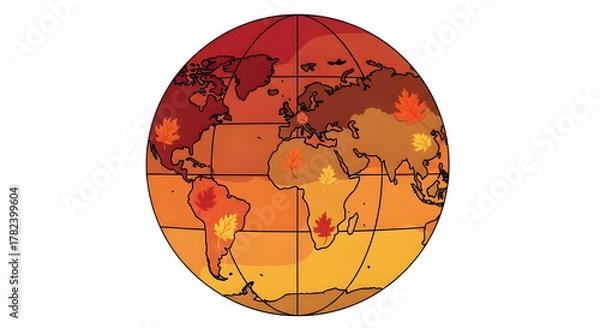 Fototapeta Global Autumn Map Illustration. World Fall Season Globe with Changing Colors and Leaves.