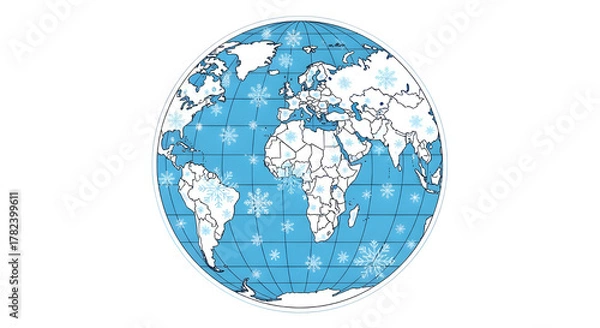 Fototapeta Global Winter Map Illustration: Stylized Earth Globe Covered in Snowflakes