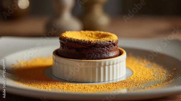 Obraz Rich Chocolate Dessert with Vibrant Yellow Garnish on Elegant White Plate