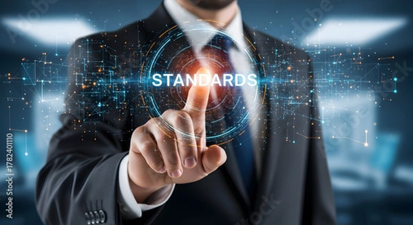 Fototapeta Businessman touching a virtual screen with the word Standards.