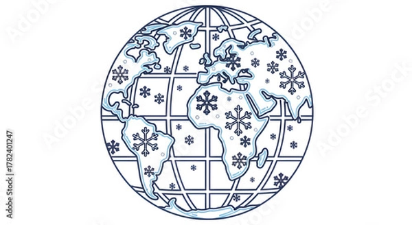 Fototapeta Global Winter Icon: Earth Globe Line Art with Blue Snowflakes Vector Illustration