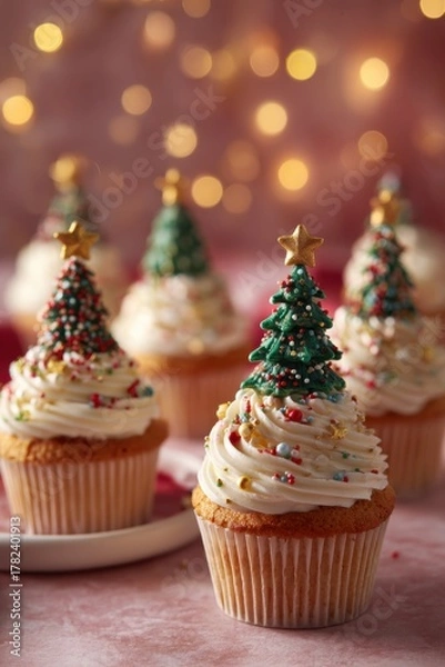 Fototapeta Festively decorated cupcakes topped with miniature Christmas trees and colorful sprinkles, set against a soft bokeh background, creating a joyful holiday atmosphere
