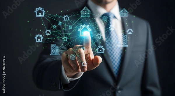 Fototapeta Smart Home Technology Integration - Businessman Navigating Connected Home Network.