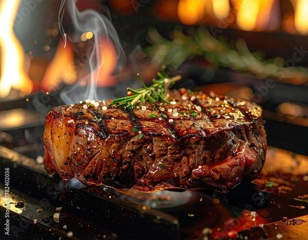 Obraz Grilled Steak with Rosemary and Salt on a Grilling Rack with Flames and Smoke in Warm Tones
