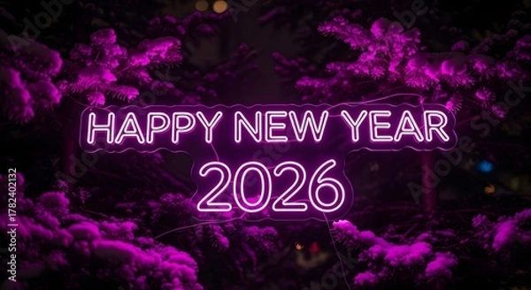 Fototapeta Bright neon sign saying happy new year 2026 illuminating a dark background with vibrant purple smoke or fog effects