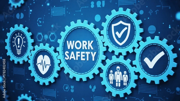 Fototapeta Blue work safety gears with icons representing safety measures and a dark blue background design