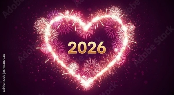 Fototapeta Sparkling heart shaped fireworks display illuminating the year 2026 in golden numerals against a dark night sky