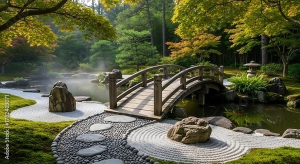 Fototapeta Zen Garden Serenity - A Tranquil Landscape with Bridge and Stone.